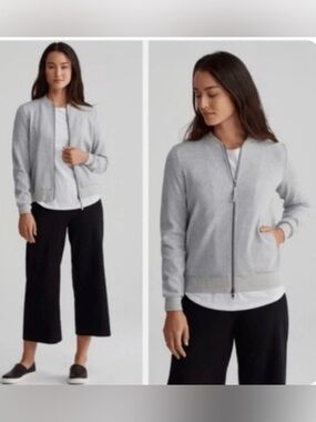 EILEEN Fisher Organic Cotton Gray Zip-Up Knit Bomber Jacket Size Small